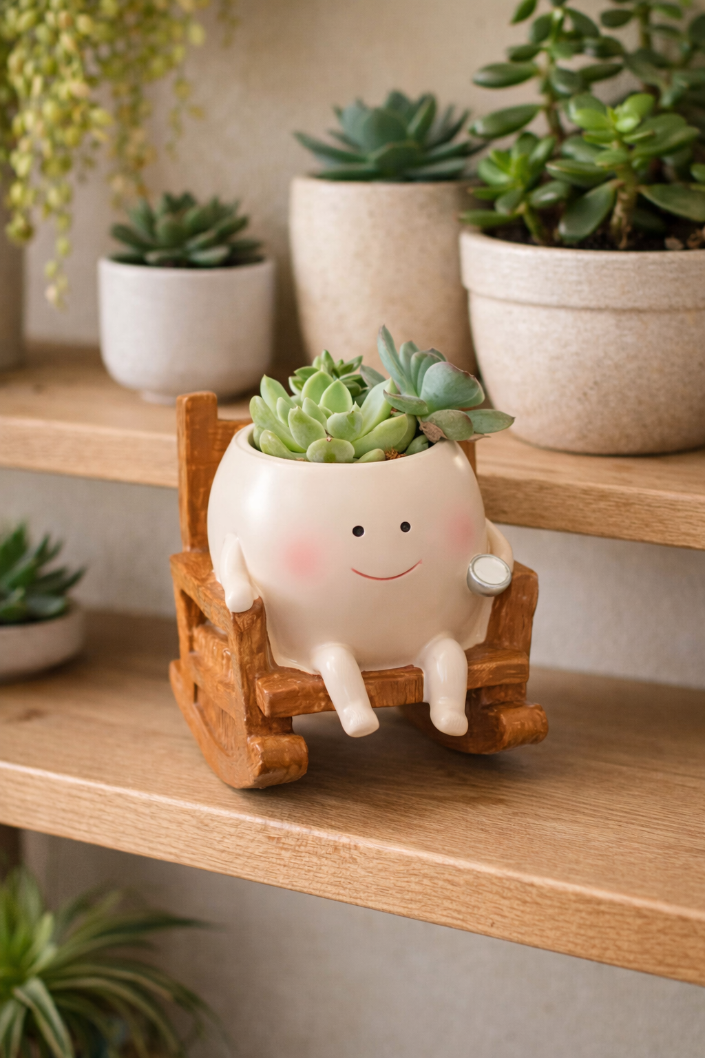Decorative planter with a face sitting on a wooden stool with more plants in the background.