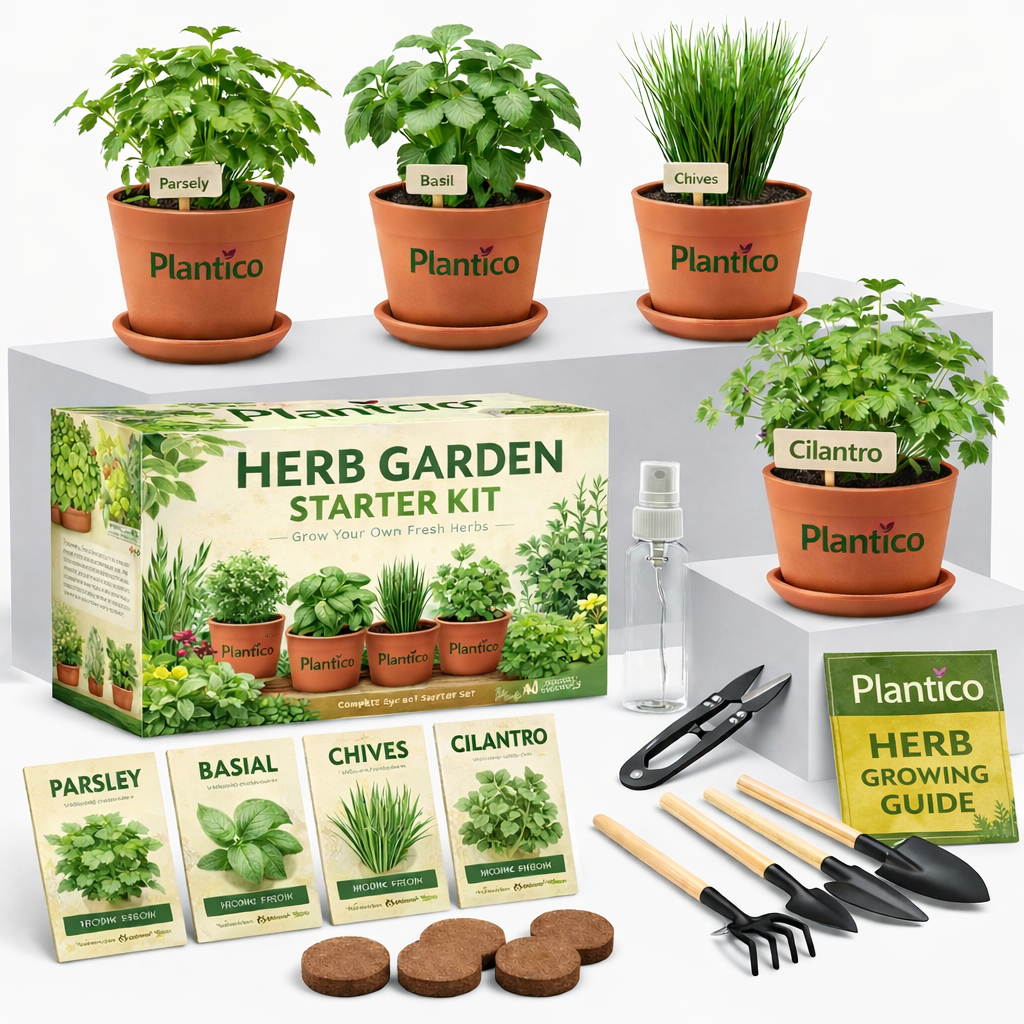 Herb garden starter kit with plants, seeds, and tools on a white background
