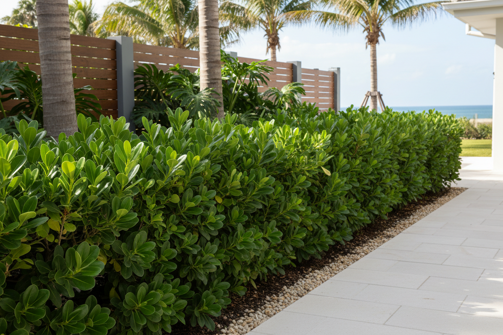 Green shrubbery lining a pathway with palm trees and ocean view in the background