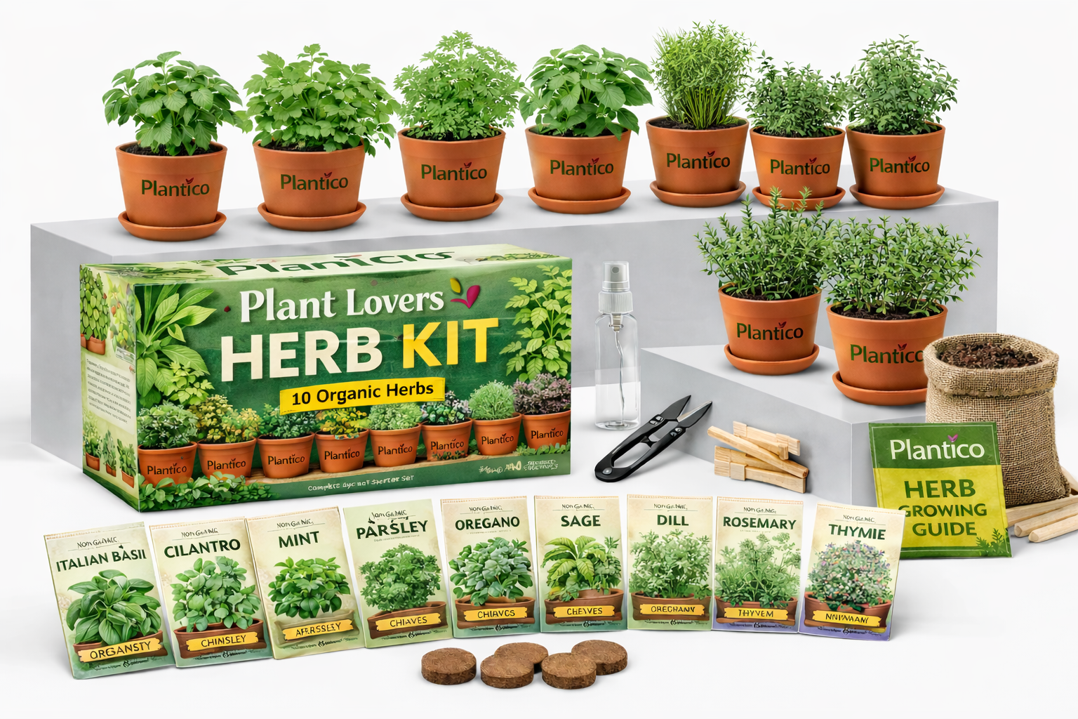 Plant Lovers Herb Kit with herbs in pots, seed packets, and tools on a white background