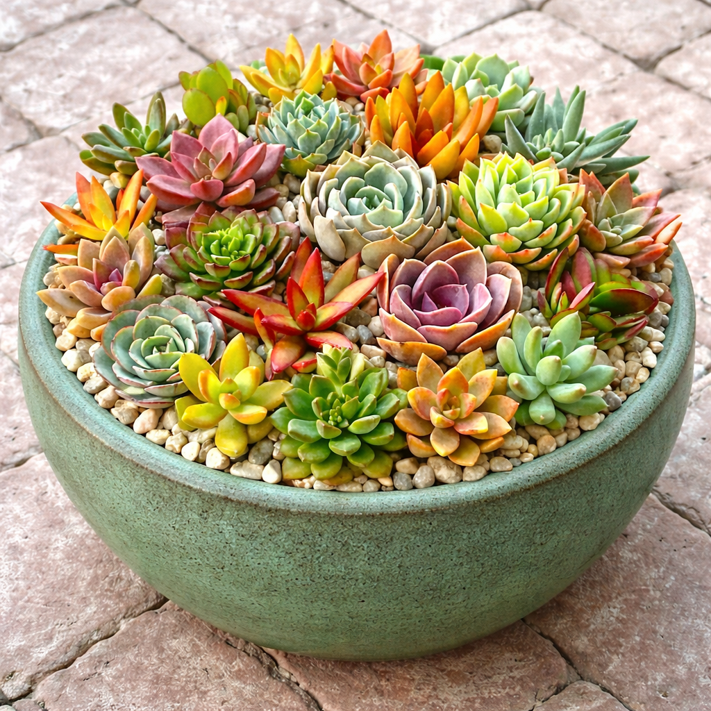 Colorful succulents in a green pot on a stone surface